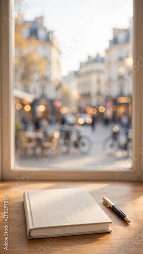 Blank notebook and pen on a wooden cafe table overlooking a blurred European street scene, representing slow travel, World Tourism Day, and mindful vacation planning.