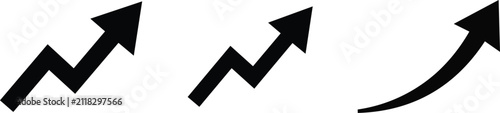 Set of three hand drawn arrow icons representing financial growth and upward business progress on white background