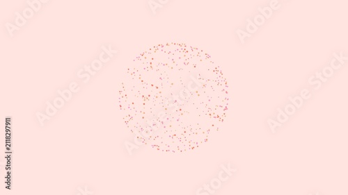Abstract 3D particle sphere rotating on a pastel pink background.