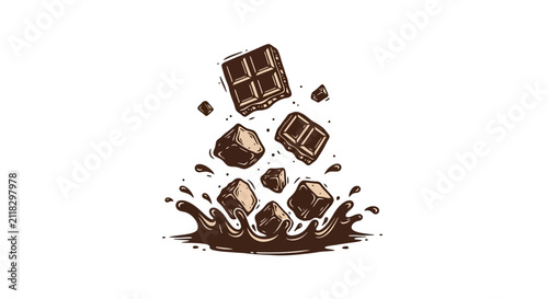 Obraz na płótnie Chocolate cubes splashing into liquid cocoa
