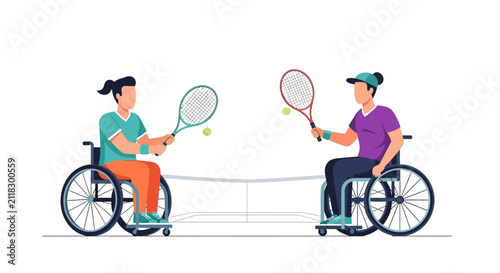 Two people playing wheelchair tennis on a court with a net.
