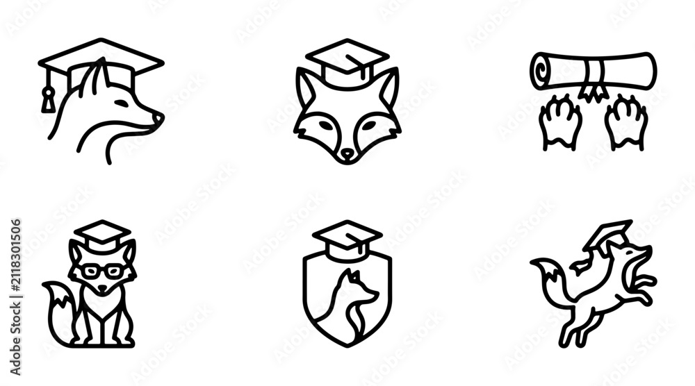 Fototapeta premium Clever Fox Graduation Icons, Academic Animal Vector Set, Education Symbol Collection, Smart Canine Graduate Graphics