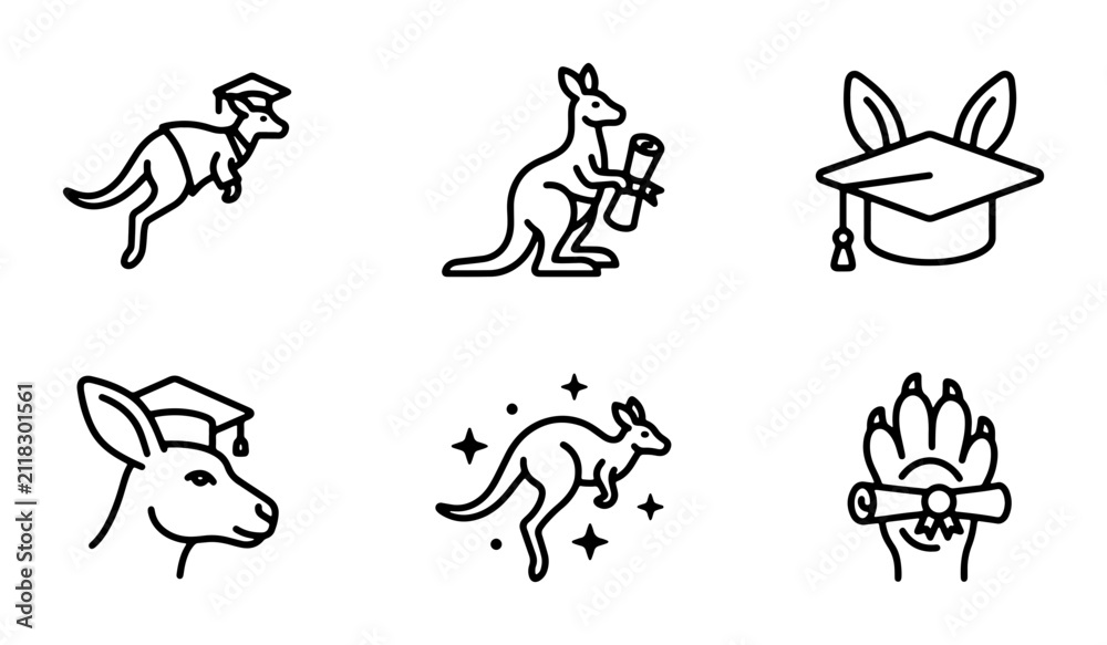 Obraz premium Graduation Kangaroo Icons, Education Symbols, Academic Achievement Vector Set, University Graduation Caps and Diplomas