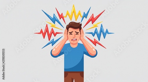 Stressed man suffering from a migraine headache with pulsating sound waves radiating from his head