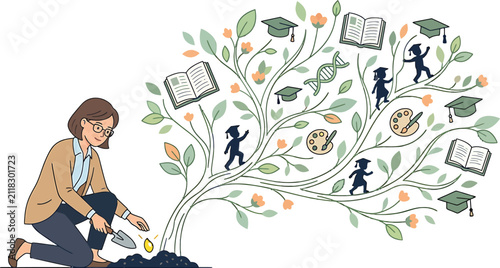 Teacher planting a tree of knowledge with academic icons and students growing as a concept vector illustration