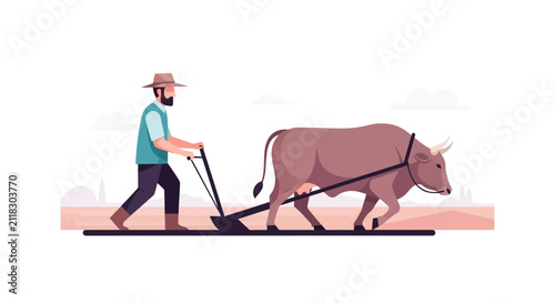 Farmer Plowing Field with Ox and Plow.