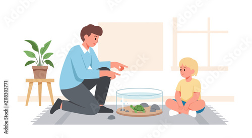 Father and child observing a terrarium with plants and rocks.
