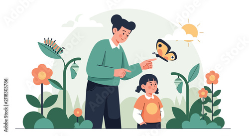 Father and Daughter Observe Butterfly Metamorphosis in Garden.