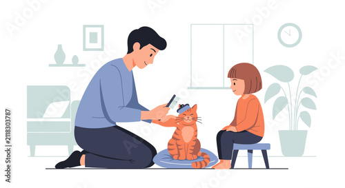 Father and daughter grooming a cat together indoors.