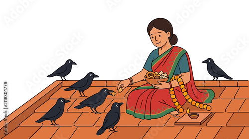 Woman feeding crows on a rooftop, Indian tradition