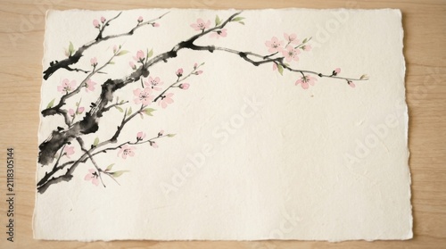 Minimal Japanese Cherry Blossom Branch on Textured Paper