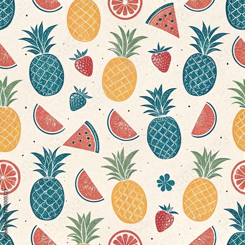 Tropical summer seamless pattern with blue pineapples and sliced watermelons and strawberries for bright textile and packaging