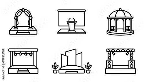 Stage Icons Set: Wedding Arch, Podium, Gazebo, Concert Stage, Modern Platform, Event Venue Graphics