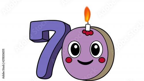 70th Anniversary Celebration. Anniversary date animation with a cartoon character, alpha channel. Cartoon