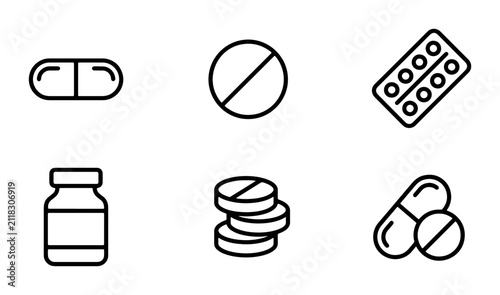Medical Pill and Capsule Icons Set, Pharmaceutical Medicine Dosage Forms, Healthcare Drug Treatment Symbols, Pharmacy Health Care Vector Graphics