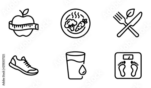 Healthy Lifestyle Icons: Apple with Measuring Tape, Balanced Meal Plate, Cutlery with Leaf, Running Shoe, Water Glass, and Scale. Vector Set for Wellness and Nutrition.