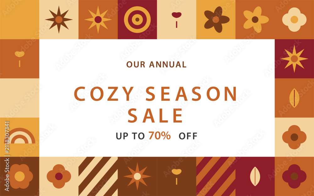 Naklejka premium Retro Autumn Cozy Season Sale Banner, Geometric Fall Floral Frame with 70 Percent Off Text, Warm Earth Tone Promotional Vector Background