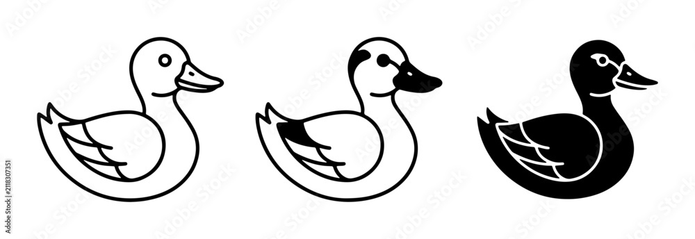Obraz premium Three Duck Icons: Outline, Two-Tone, and Silhouette, Vector Graphics for Playful Designs