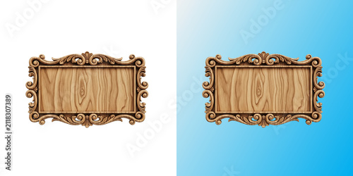Ornate wooden carved sign plaque in transparent background