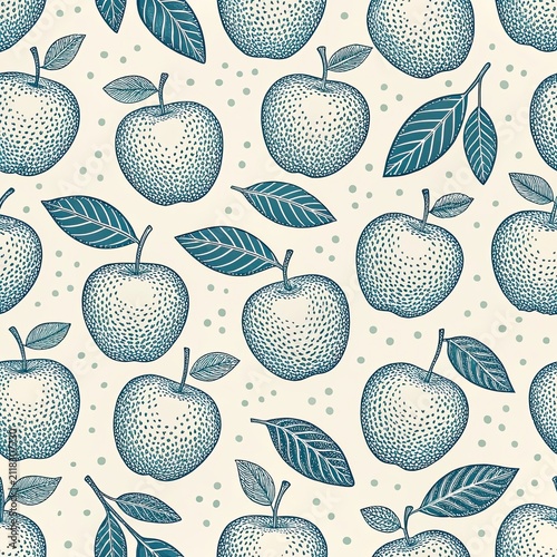 Botanical seamless pattern with hand drawn detailed apples and leaves in vintage blue tone for organic food branding and wallpaper