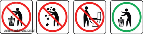 Bild auf Leinwand Waste Disposal Pictograms – Proper and Improper Trash Behavior Icons with Red an