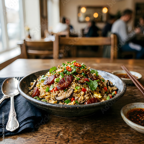 Stir-fried rice with chinese sausage and fresh chopped herbs in a restaurant setting, restaurant