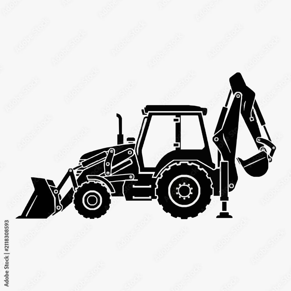 Naklejka premium Modern Black and White Line Drawing of a Backhoe Loader with Bucket and Arm Extended Silhouette Style