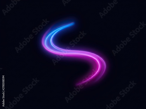 Abstract glowing neon light trail in blue and purple colors forming a smooth s shape isolated on a dark black background