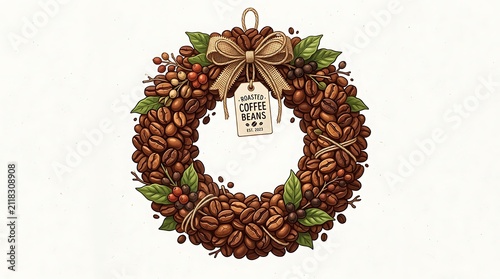Festive Coffee Bean Wreath with Bow and Gift Tag, Holiday Decoration for Cafes and Seasonal Promotions