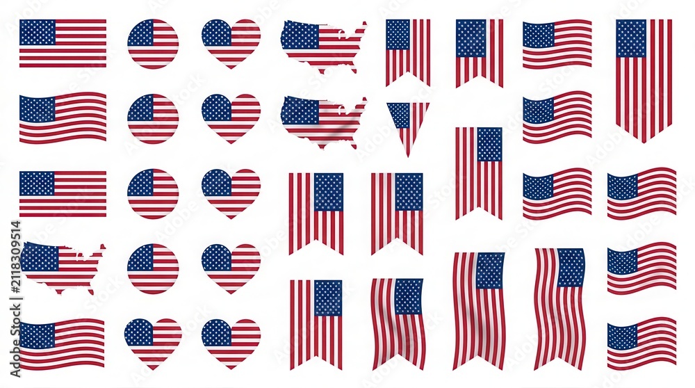 Obraz premium Set of american flag icons in various shapes including wavy rectangles hearts circles and united states map silhouettes