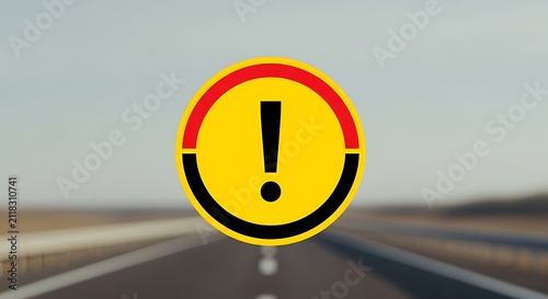 Exclamation mark road sign. Yellow warning symbol on a blurred highway background.