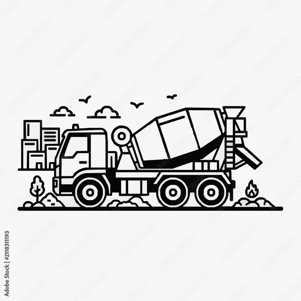Fototapeta premium Minimalist Black and White of Concrete Mixer Truck in Urban Construction Scene with Buildings and Trees
