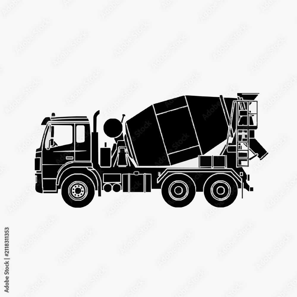 Fototapeta premium Minimalist Black and White Silhouette of a Concrete Mixer Truck with Chassis and Mixing Drum with high quality professional line art symbols for modern creative design and digital branding projects