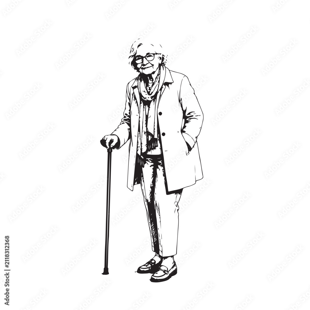 Fototapeta premium A Kind Elder Woman With Glasses And A Cane Standing Proudly Her Warm Gaze Conveying Wisdom and Life Experience Captured in a Detailed Sketch for Timeless Portrayals of Seniority and Grace in Everyday
