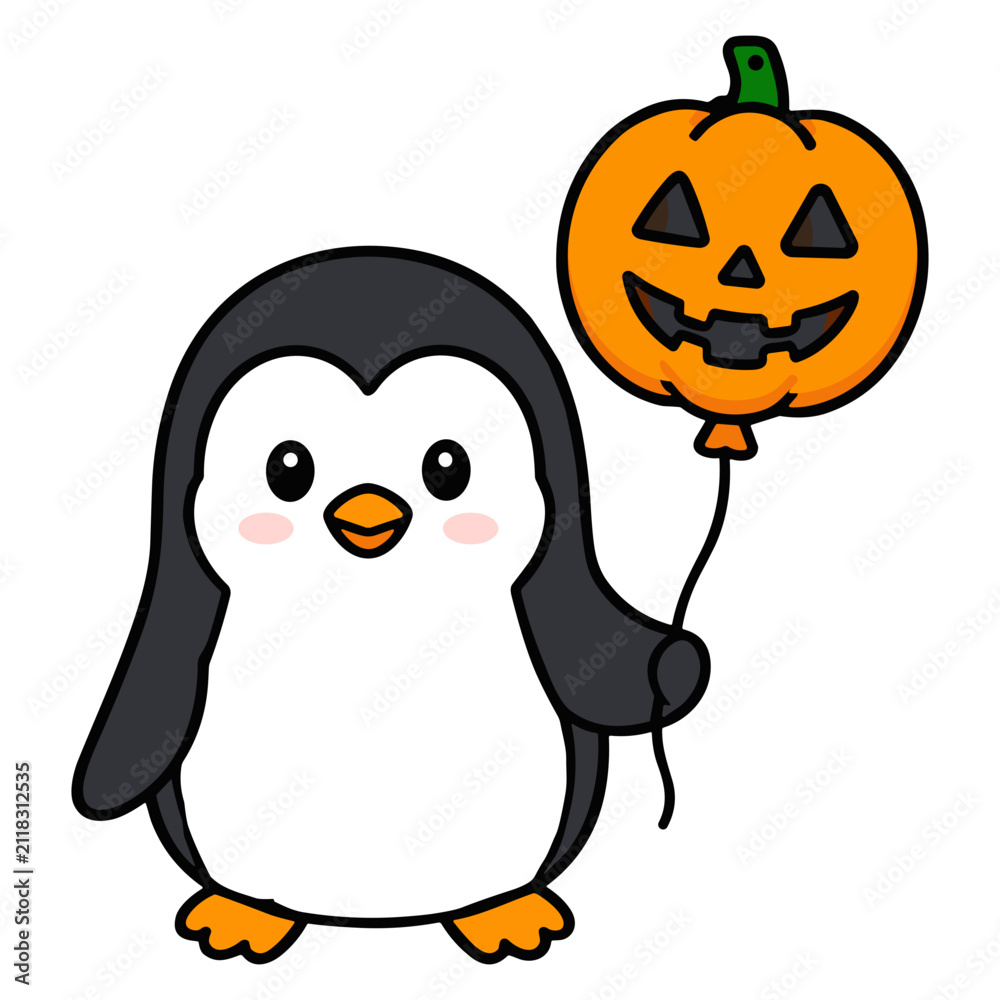 Fototapeta premium Cute Halloween Penguin Vector Set – Kawaii Colored Outline Icons Pack
