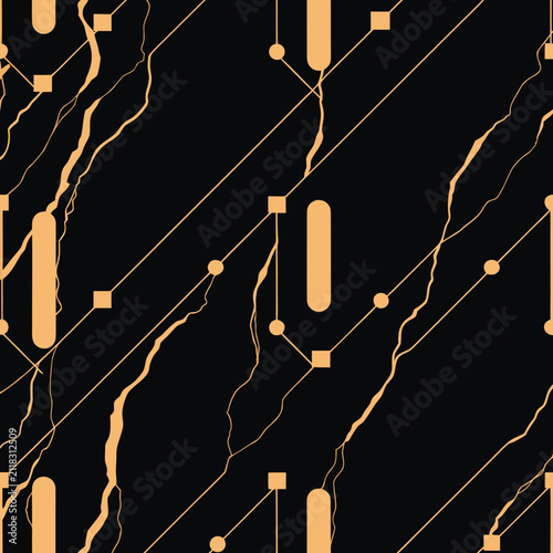Luxury Black Marble Seamless Vector Background with Gold Geometric Accents