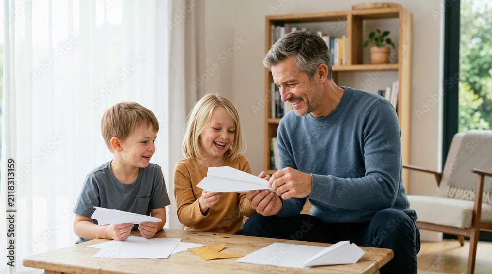 Fototapeta premium Caucasian father making paper airplanes with his son and daughter at home. Happy family laughing and crafting together in living room. Indoor creative play concept