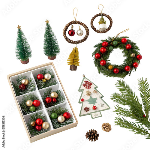 Collection of assorted Christmas tree ornaments and decor items arranged on a clean surface Isolated on transparent background