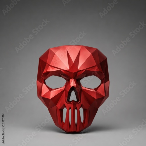 Geometric red skull mask on gray studio background