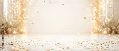 Gold confetti and glowing lights in empty room