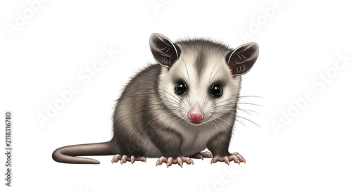 Cute baby opossum isolated on white. Small wild marsupial animal with fluffy fur.