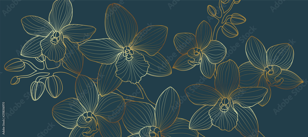 Obraz premium Luxury golden Orchid flower line art background vector. Natural botanical elegant flower with gold line art. Design illustration for decoration, wall decor, wallpaper, cover, banner, poster, card.