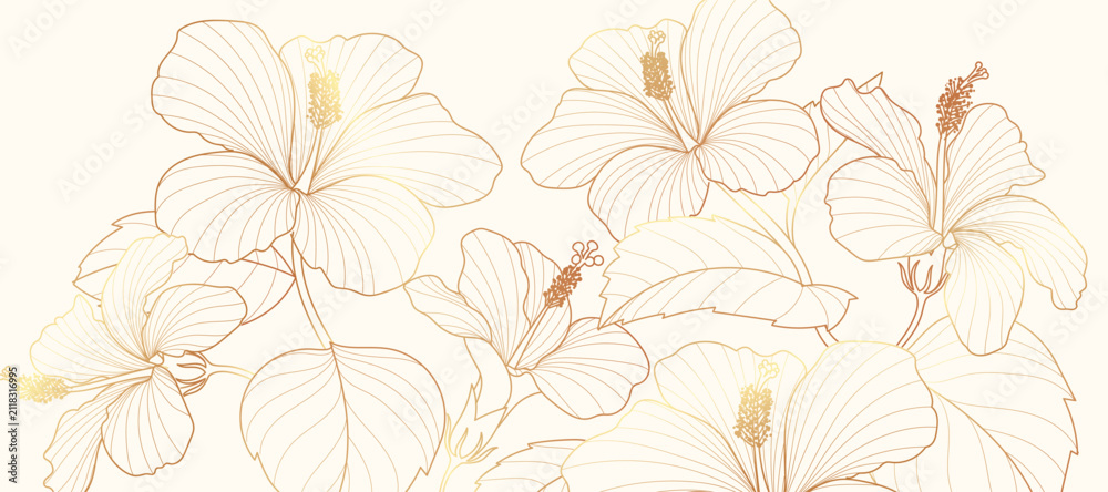 Obraz premium Luxury golden Orchid flower line art background vector. Natural botanical elegant flower with gold line art. Design illustration for decoration, wall decor, wallpaper, cover, banner, poster, card.