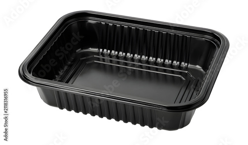 Black Plastic Food Container Tray Isolated on White Background, Disposable Meal Packaging for Takeaway Food