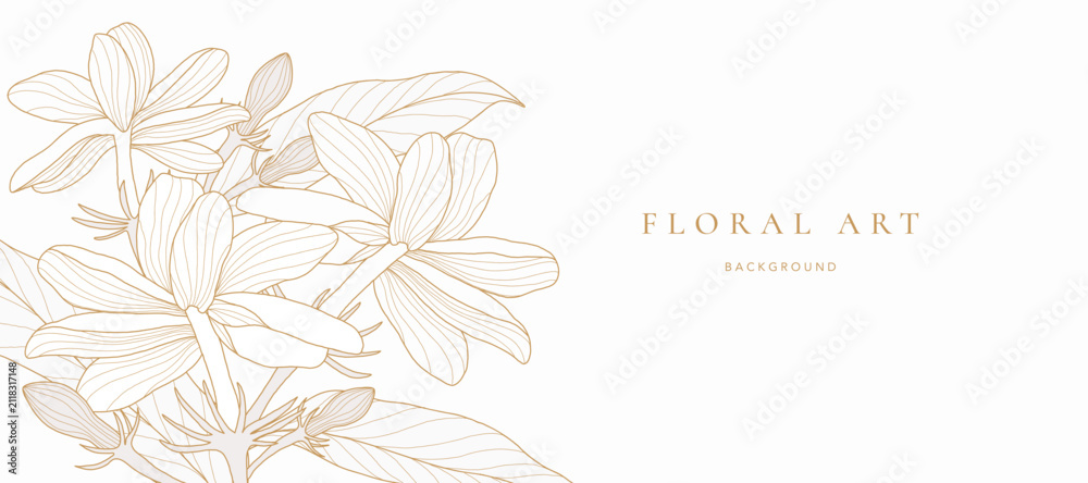 Obraz premium Botanical line art background vector. Natural botanical elegant flower with gold line art. Design illustration for decoration, wall decor, wallpaper, cover, banner, poster, card.