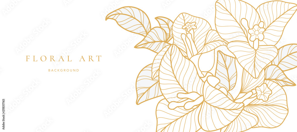 Obraz premium Botanical line art background vector. Natural botanical elegant flower with gold line art. Design illustration for decoration, wall decor, wallpaper, cover, banner, poster, card.