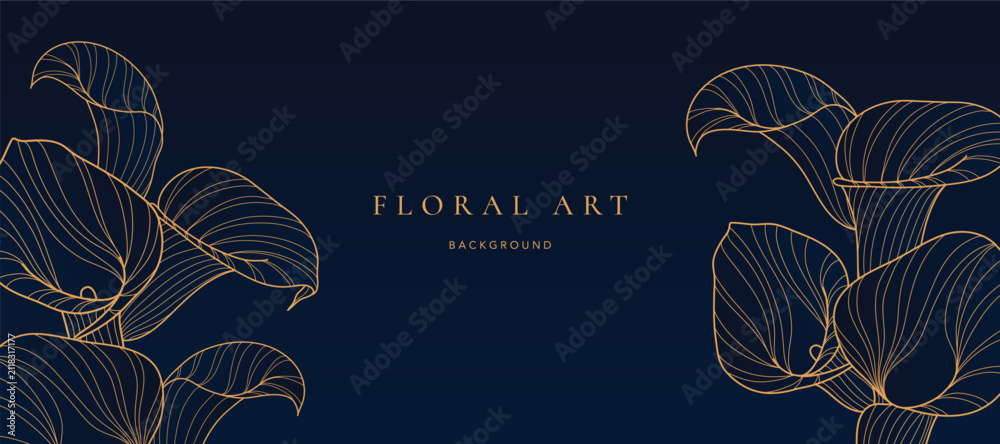 Obraz premium Botanical line art background vector. Natural botanical elegant flower with gold line art. Design illustration for decoration, wall decor, wallpaper, cover, banner, poster, card.