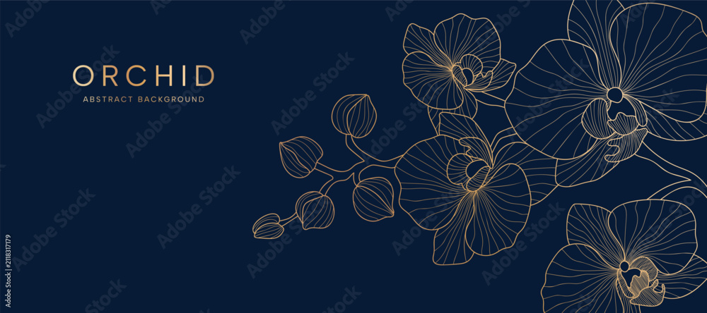 Obraz premium Luxury golden Orchid flower line art background vector. Natural botanical elegant flower with gold line art. Design illustration for decoration, wall decor, wallpaper, cover, banner, poster, card.