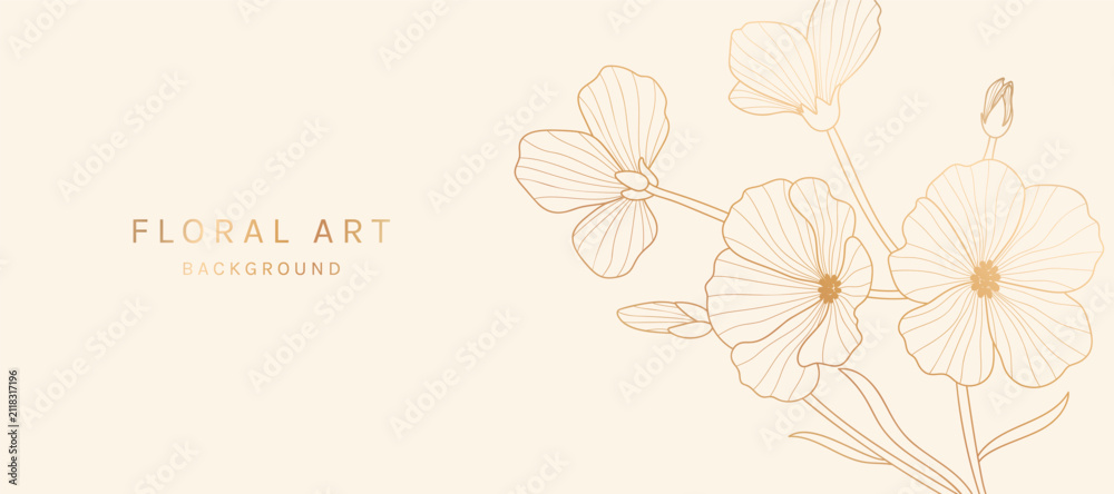 Fototapeta premium Botanical line art background vector. Natural botanical elegant flower with gold line art. Design illustration for decoration, wall decor, wallpaper, cover, banner, poster, card.