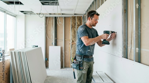 Construction worker installing drywall with a power drill. Male contractor framing an interior wall during an office renovation project. Skilled trade and commercial remodeling concept